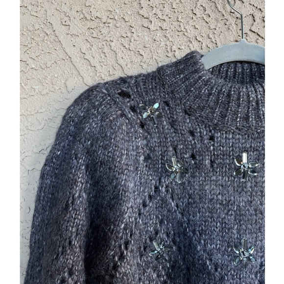 ASTR REVOLVE Gray Jewel Embellished Mock Neck Puff Sleeve Pointelle Wool Sweater - Picture 4 of 14